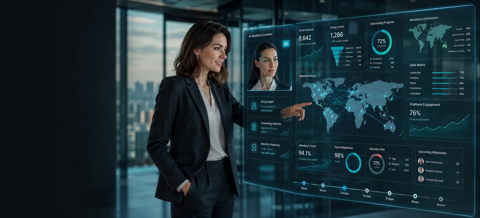 A manager reviewing a workforce dashboard showing headcount, hiring funnel and onboarding progress